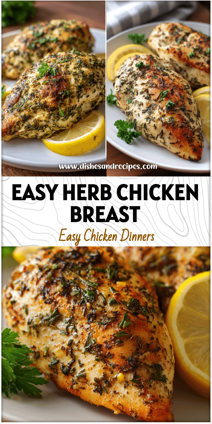 Golden baked herb chicken breast garnished with lemon wedges and parsley on a clean white plate.